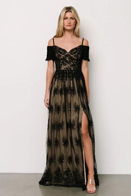 Stylish Women's Outfit Boho - Chic Festival - Ready Style Esperanza Tulle Embroidered Maxi Dress | Black + Nude