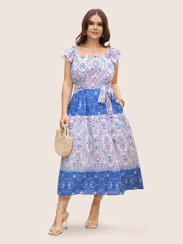 Women's Urban Clothing Limited - Stock Boho Print Ruffle Sleeve Belted Midi Dress