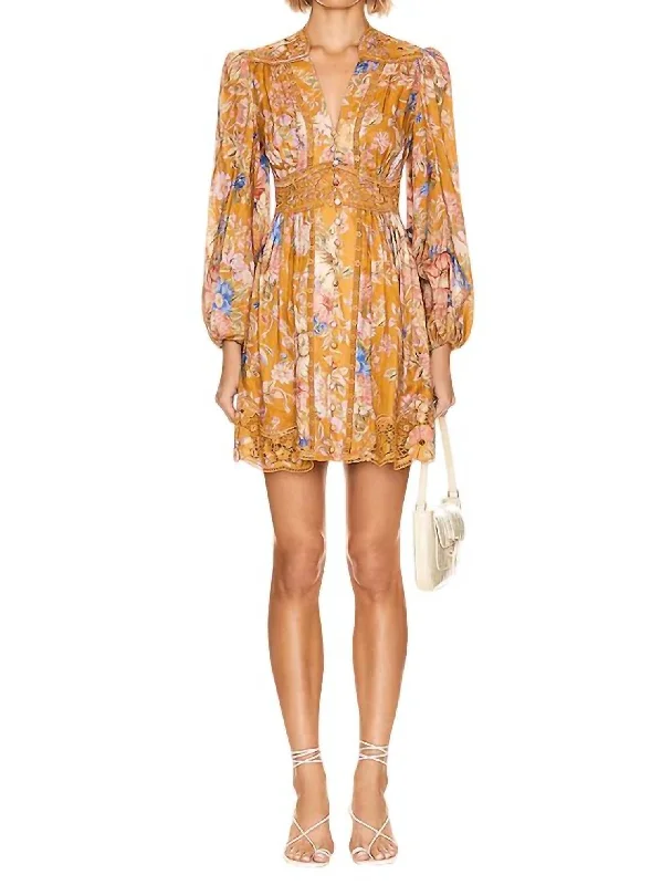 Casual Chic Clothing For Women Feminine Soft - Hued Styles August Plunge Mini Dress In Mustard Floral