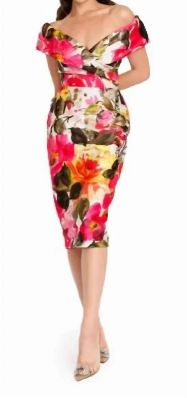 High-Fashion Women's Clothing Tropical Island - Inspired Attire Floral Off Shoulder Dress In Fuchsia Multi