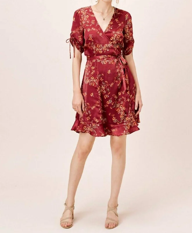 Women's Work Outfit For The Office Luxury Comfort Botanica Floral Wrap Satin Dress In Red