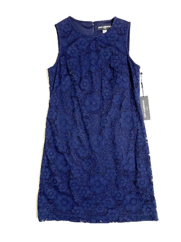 Women's Plus-Size Casual Outfit Soft Textures Women's Floral Lace Front Cocktail Shift Dress In Navy Blue