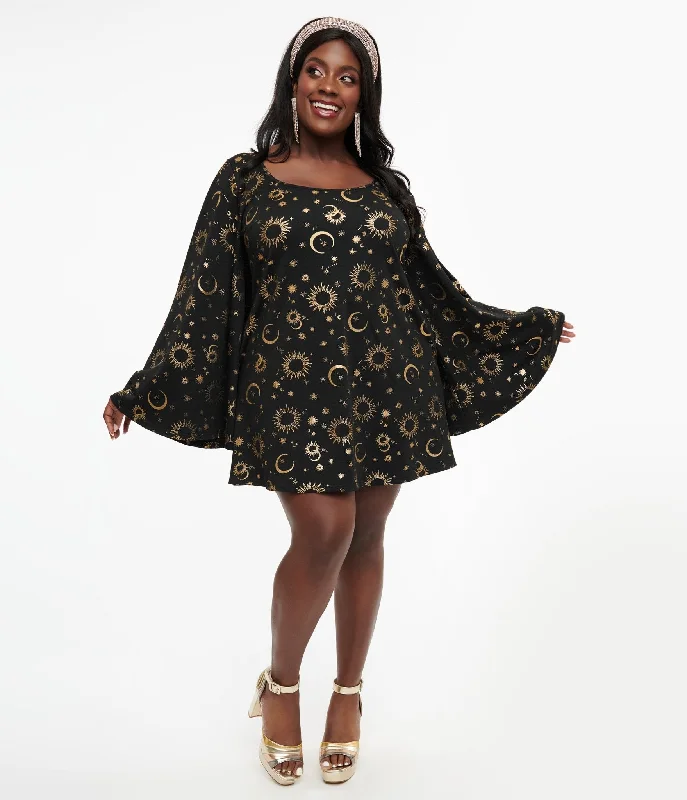 Women's Luxury Garments Hollywood Glam Award - Show Style Smak Parlour 1960s Plus Size Black & Gold Celestial Print Mini Dress