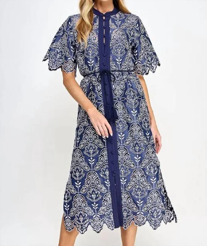 Affordable Women's Attire Discounts on Casual Weekend Styles Button Down Eyelet Midi Dress In Navy