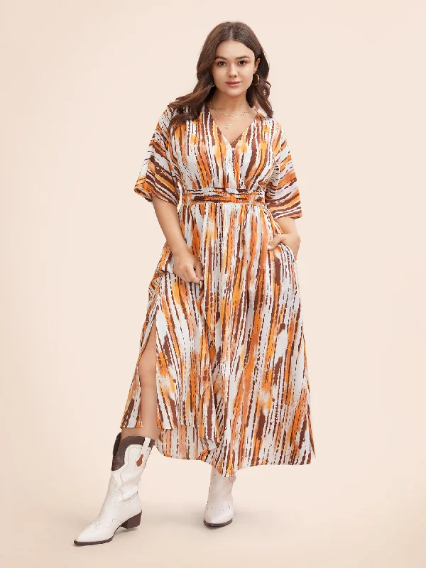 Charming Women's Clothes For Special Events Flash Deals Striped Overlap Collar Shirred Maxi Dress