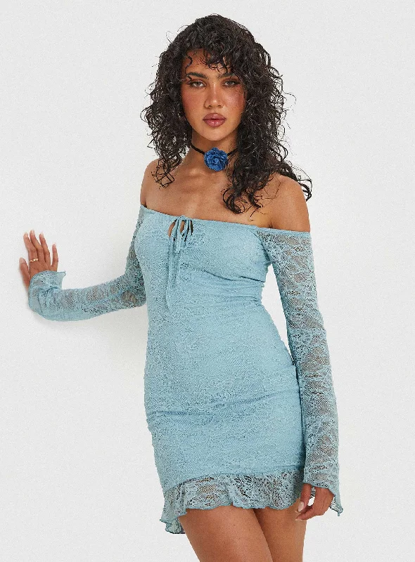 Women's Stylish Vacation Attire Dreamy Draping Boville Off The Shoulder Lace Mini Dress Blue