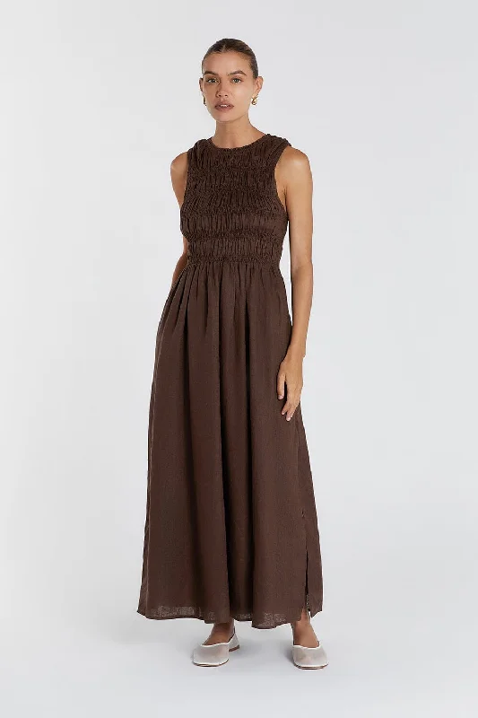 Affordable Fashion Clothing For Women Classic Charm LESSI BITTER CHOC LINEN MAXI DRESS