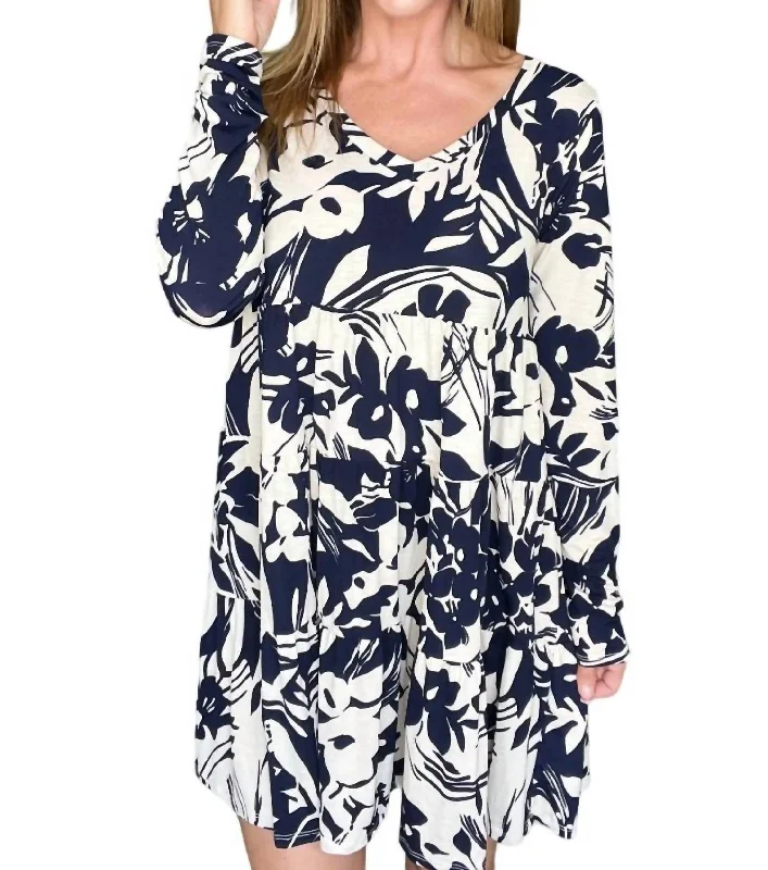 Women's Professional Apparel Clearance Event Worthwhile Moment Floral Tiered Dress In Oatmeal And Navy