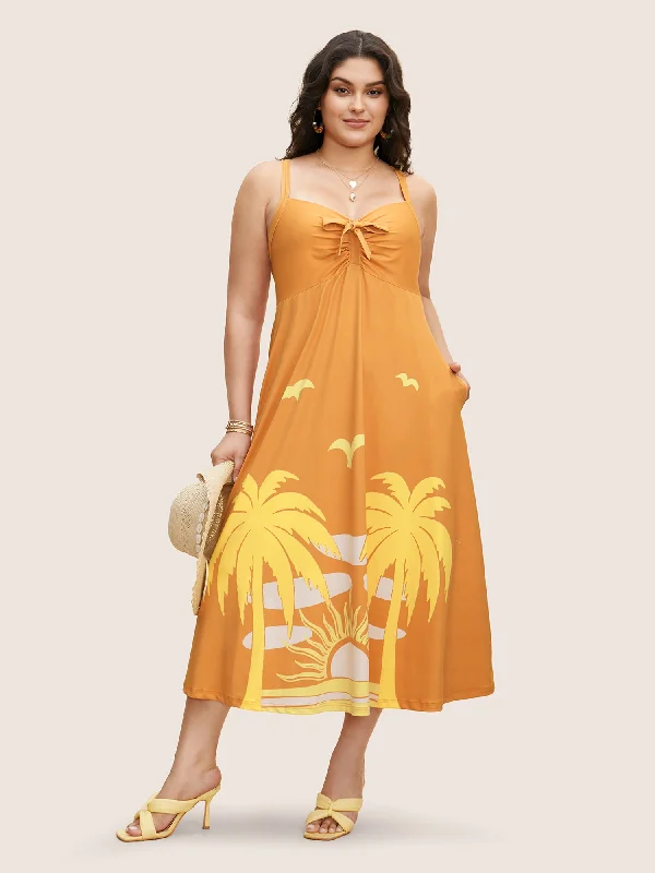 Women's Holiday Clothing Weekend Special Heart Neckline Tropical Print Tie Knot Midi Dress