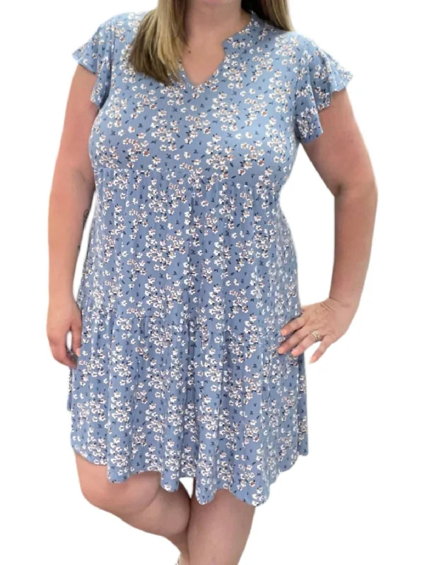 Elegant Clothing For Women Feminine Soft - Hued Look Floral Tiered Gabby Babydoll Dress In Blue