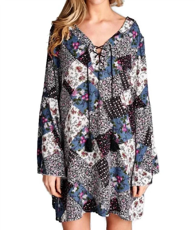 Women's Clothing For Outdoor Events End - of - Month Blowout Floral Patchwork Print Dress In Grey