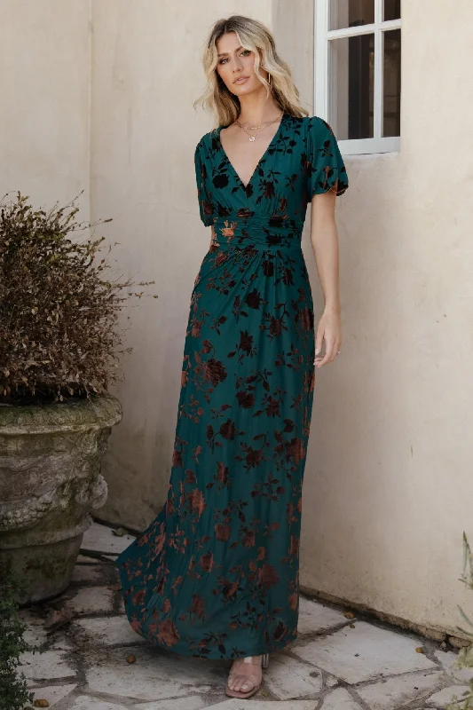 Women's Casual Outfit Feminine Flow Leslie Velvet Maxi Dress | Bronze + Jade