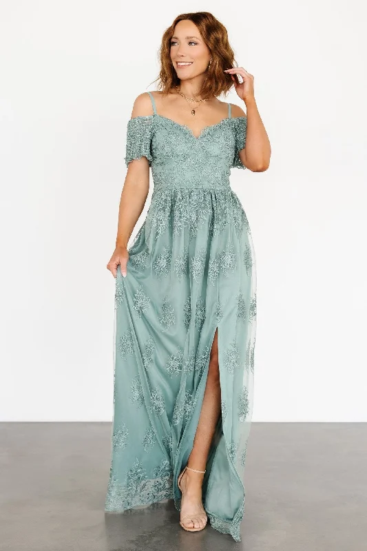 Fashion-Forward Women's Clothing Casual Weekend Relaxed Style Esperanza Tulle Embroidered Maxi Dress | Sage