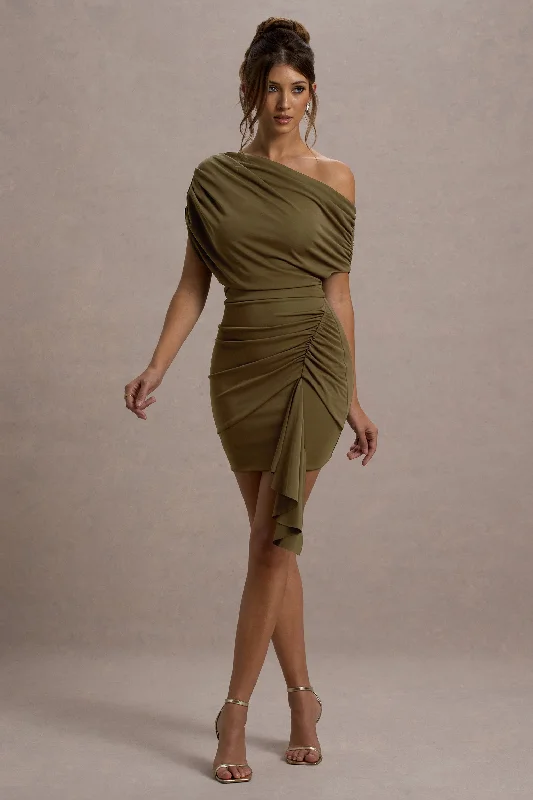 Women's Transitional Clothes Feminine Soft - Hued Look Osmanthus | Khaki Asymmetric Draped Mini Dress