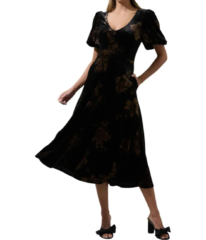 Women's Holiday Clothing Vintage Elegance Ace Velvet Floral Dress In Black