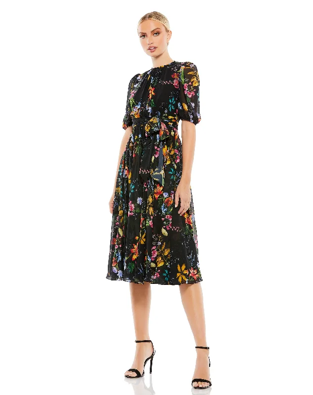 Stylish Women's Outfit Spring Fling Sale Floral Pattern High Neck Belted Midi Dress