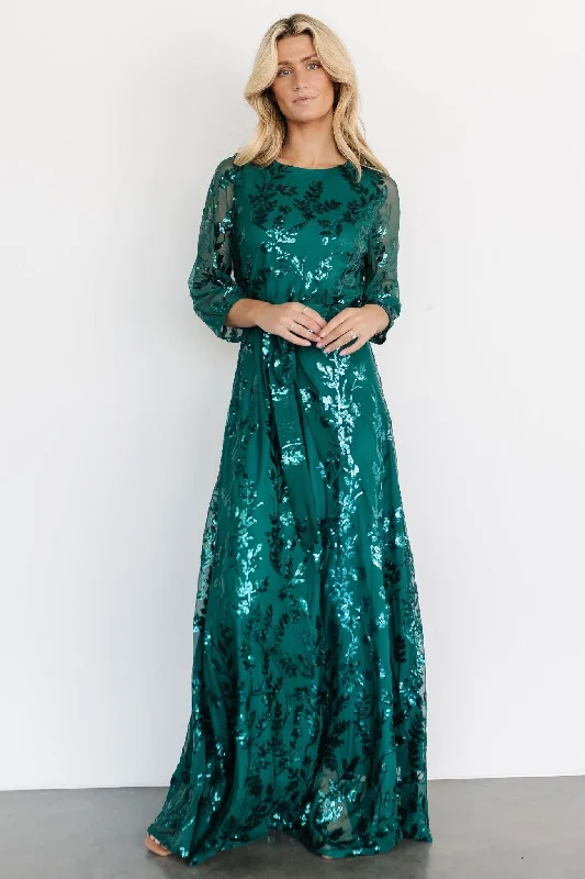 Women's Cozy Winter Attire Graceful Drape Destiny Sequin Maxi Dress | Emerald