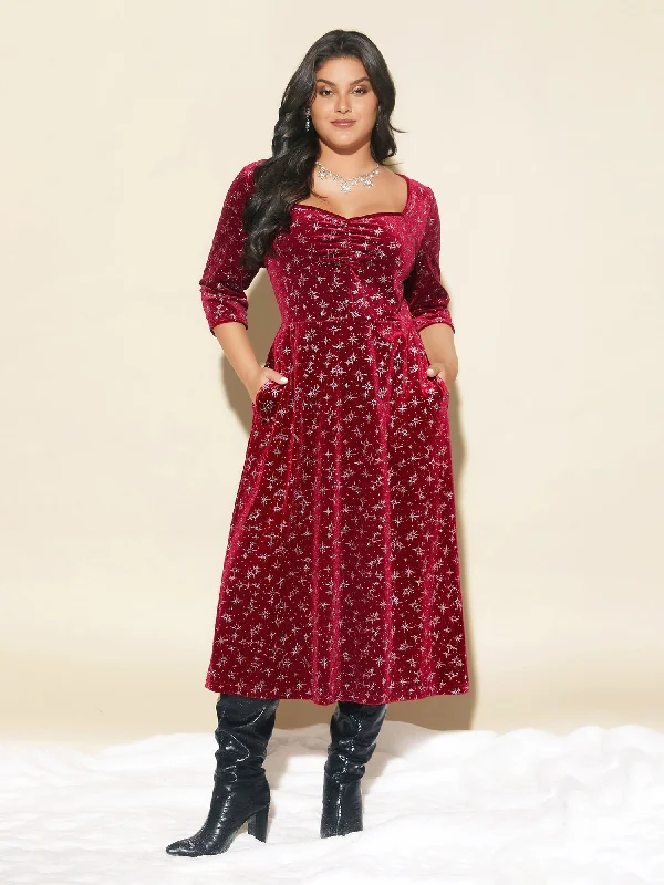 Women's Casual Garments Buy More, Save More Gold Embossed Velvet Sweetheart Neckline Midi Dress