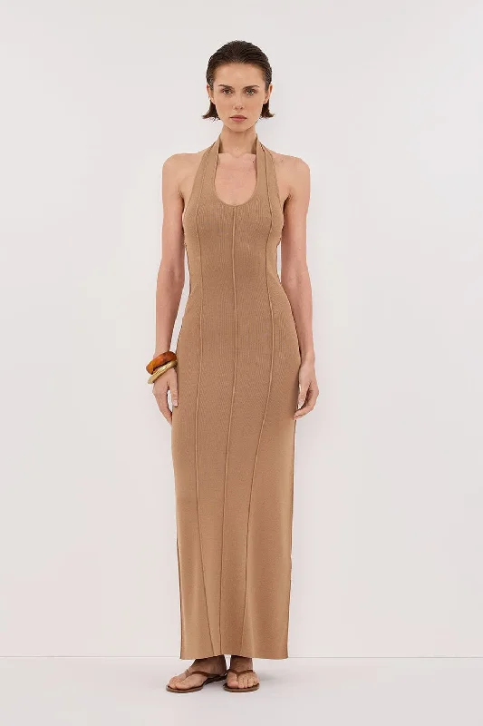 Fashionable Women's Clothing Minimalist Chic LISS TAN HALTER KNIT MAXI DRESS