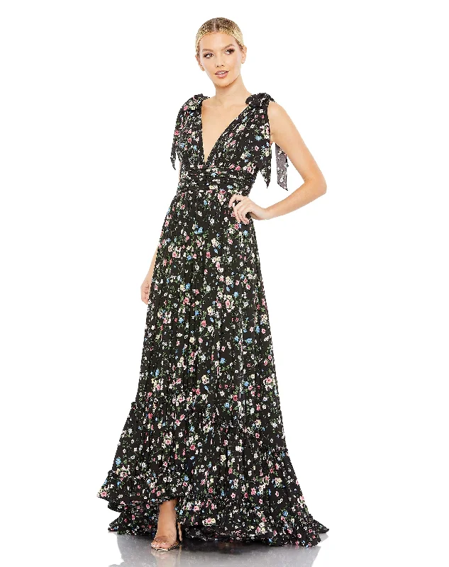 Women's Transitional Clothes Minimalist Chic Floral Print Soft Tie Sleeveless Tiered Gown