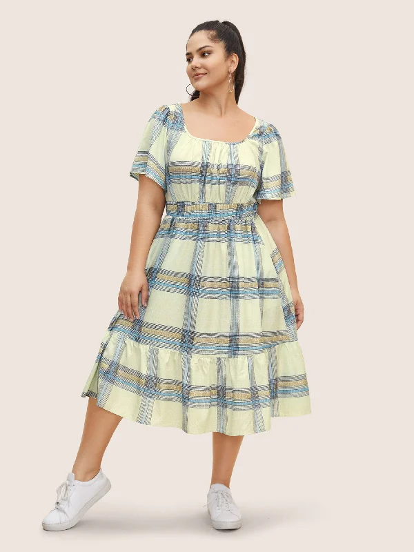 Affordable Trendy Clothes For Women Effortless Comfort Plaid Elastic Waist Gathered Midi Dress