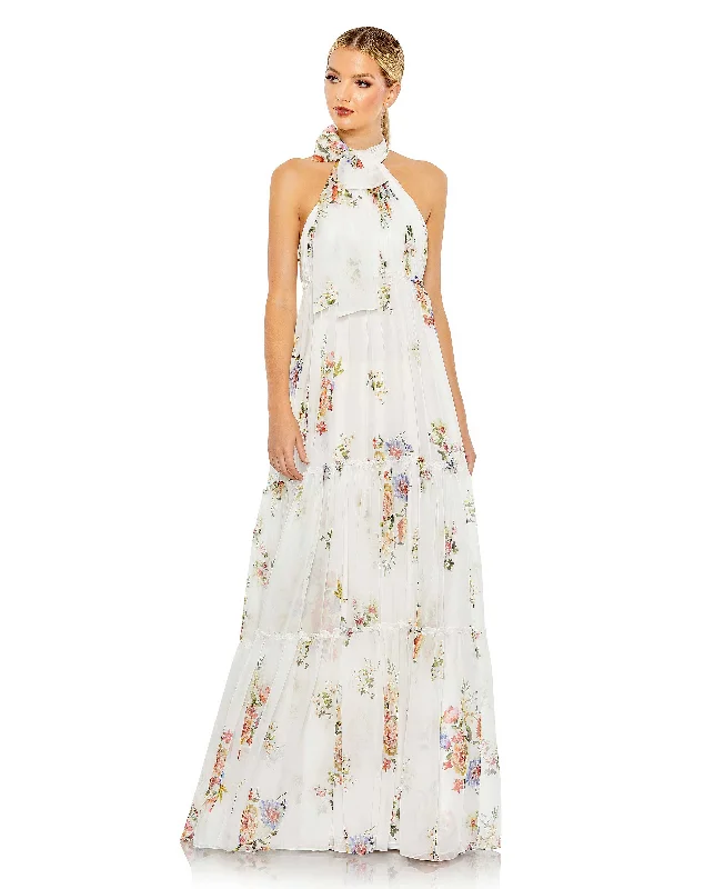 Women's Transitional Apparel Limited - Edition Drops Floral Print Ruched Tiered High Neck Bow Gown