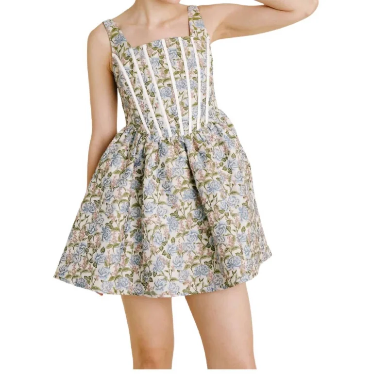 Charming Women's Holiday Apparel Lighten Up with Nordic Styles Corset Mini Dress In Floral Blue