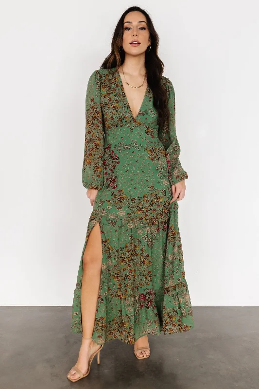 Women's Fashionable Attire For Work Feminine Grace Bowman Deep V Maxi Dress | Green Multi