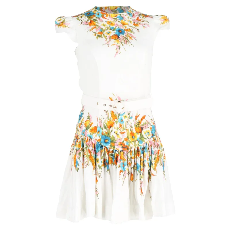 Formal Attire For Women Feminine Grace Zimmermann Estelle Floral Print Mini Belted Flared Dress in Multicolor Linen