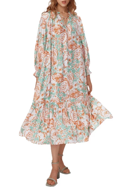 Women's Chic Outerwear Garments Feminine Charm Fortina Floral Print Long Sleeve Dress In June Bloom Jade