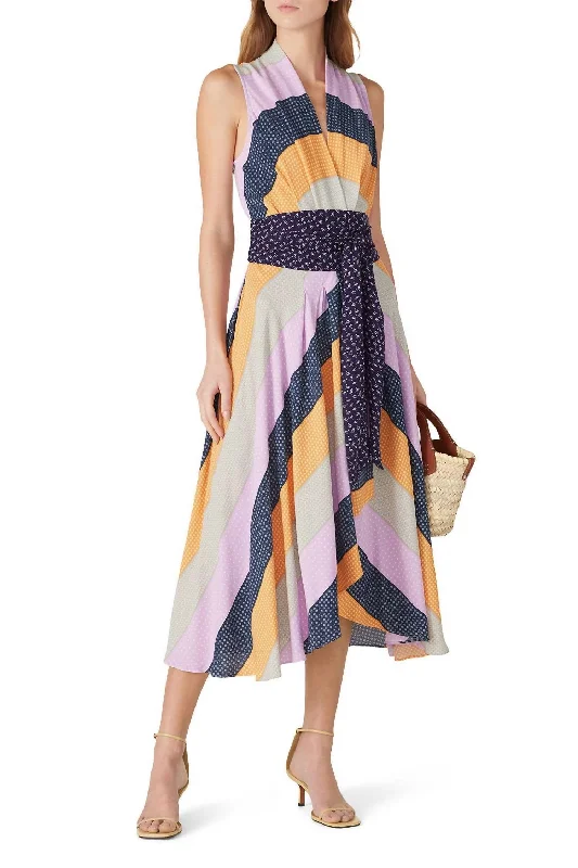 Women's Elegant Evening Outfit Romantic Date - Night Ensemble Pastel Stripe Midi Dress In Multicolored