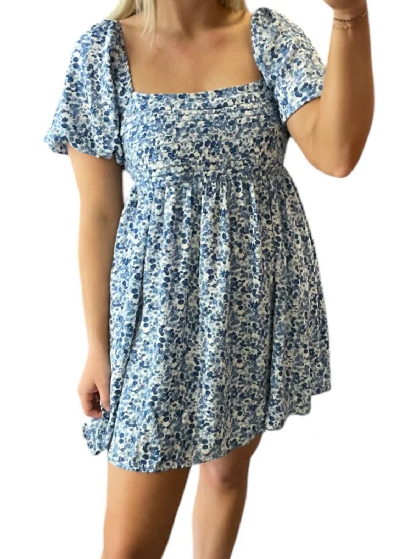 Comfortable Women's Attire Contemporary Elegance Floral Pleated Babydoll Dress In White/blue