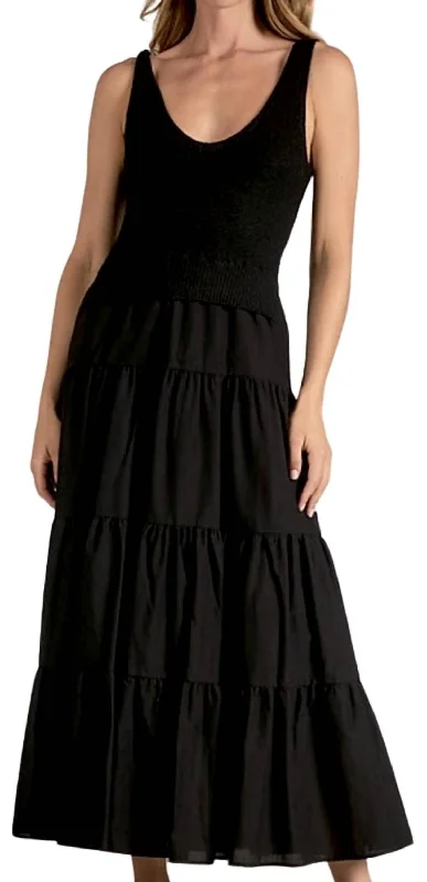 Women's High-Fashion Outfit Romantic Detailing Mixed Media Midi Dress In Black