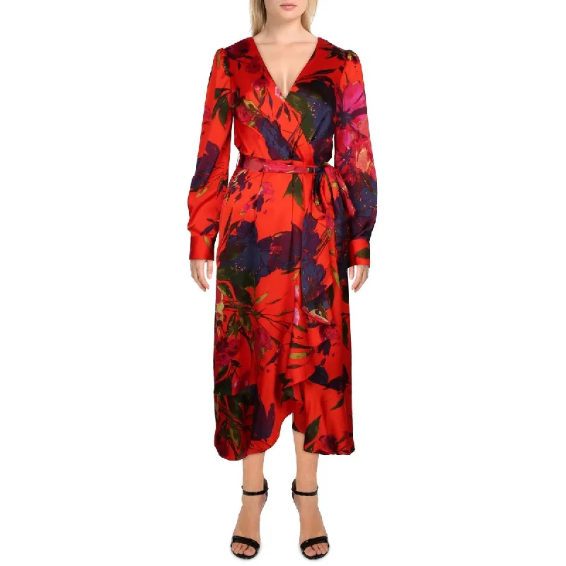 Chic Women's Attire Romantic Date - Night Ensemble Womens Floral Print Tea Length Wrap Dress