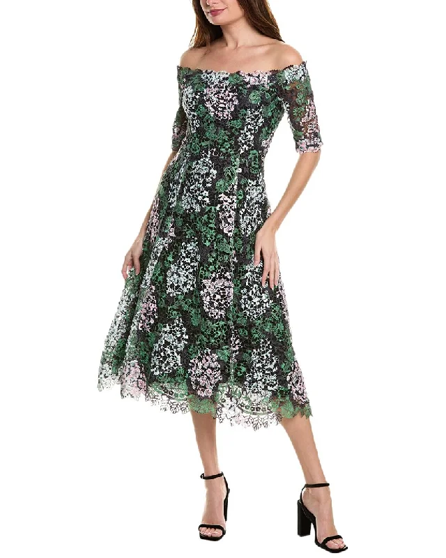 Women's Evening Garments Now on Sale for Chic Urban Styles Teri Jon by Rickie Freeman Off-The-Shoulder Lace Midi Dress