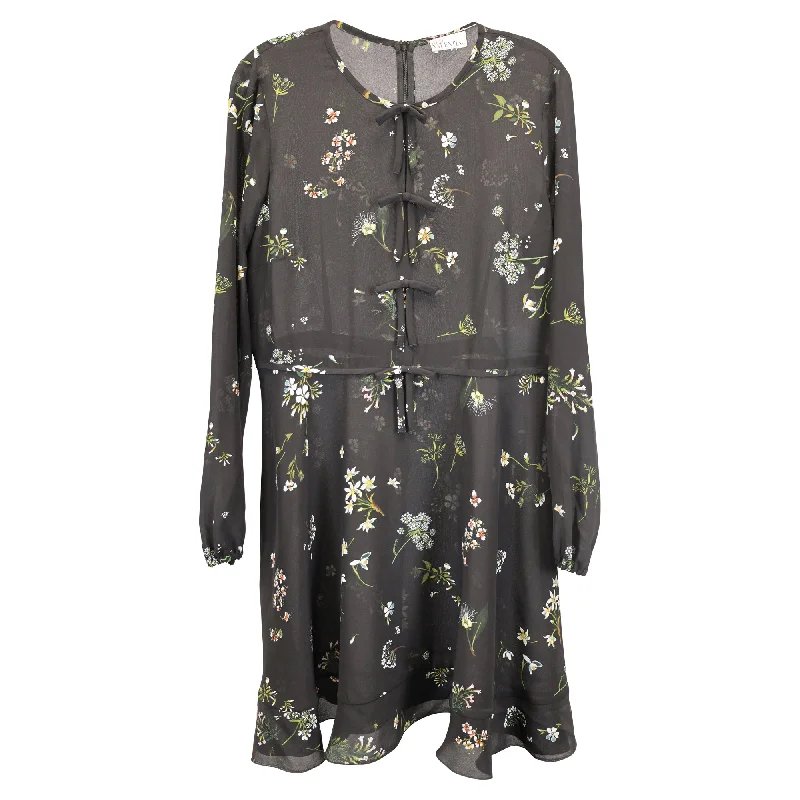 Women's Trendy Activewear Apparel Father's Day Deals Red Valentino Floral Print Long Sleeve Dress in Black Silk Chiffon