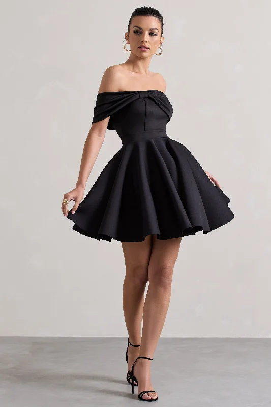 Women's Seasonal Attire Everyday Glamour Snowfall | Black Bardot Bow Skater Mini Dress