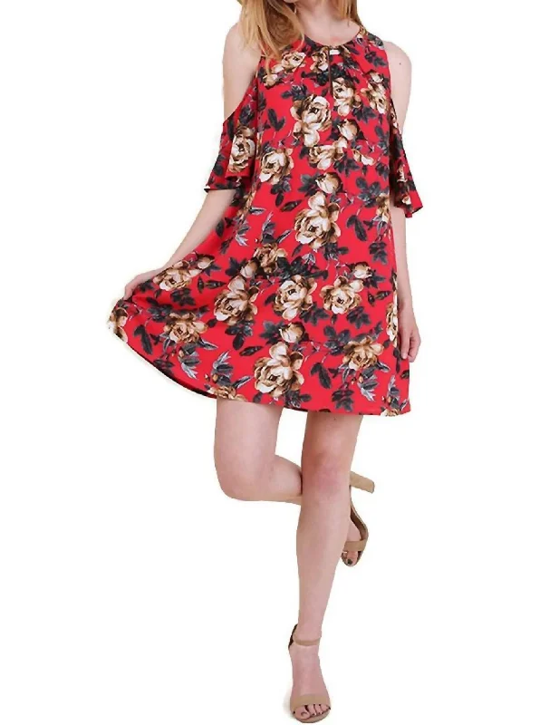 Women's Outerwear Apparel Elevated Style Floral Cold Shoulder Dress In Red