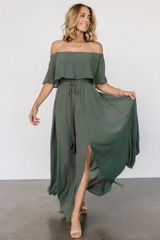 Women's Vacation Outfit Set Nordic Minimalist Home Look Victoria Off Shoulder Maxi Dress | Dark Sage