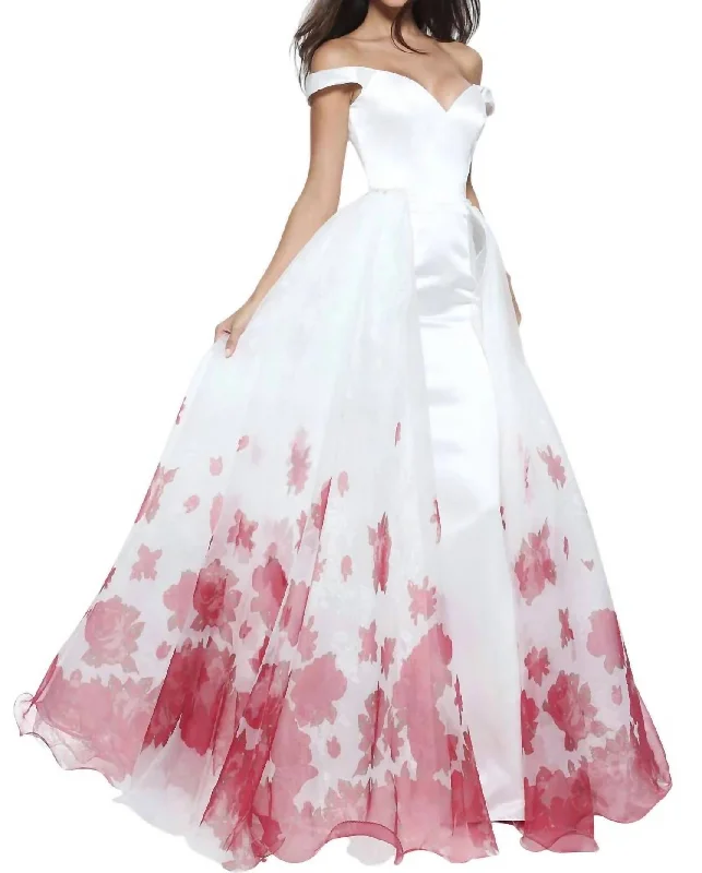 Women's Occasion Wear Clothing Early Access to Art Deco Styles Sale Satin Floral Prom Dress In Ivory/red Print