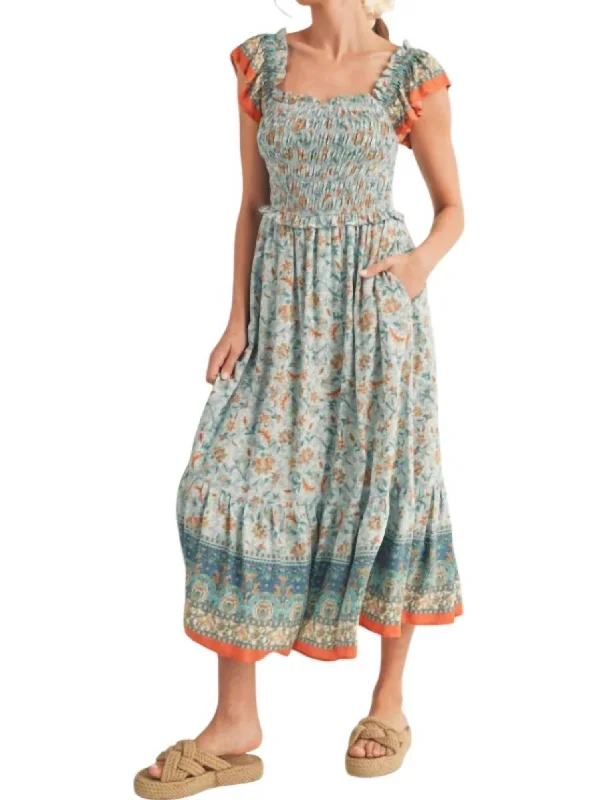 Women's Work Apparel Feminine Grace Floral Print Ruffled Midi Dress In Blue