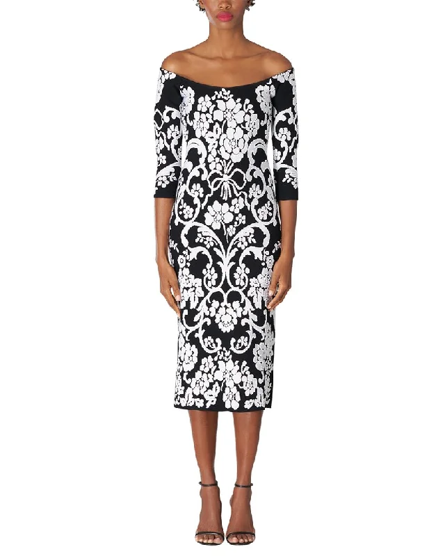 Women's Weekend Outfit Dreamy Draping Carolina Herrera Off Shoulder Scoop Neck Fitted Midi Dress