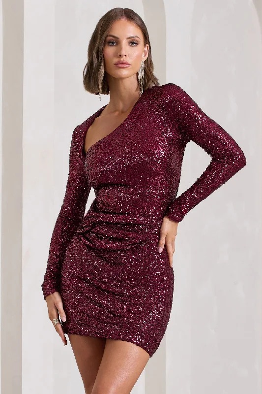 Charming Women's Garments Final Clearance Rising Star | Burgundy Sequin Long-Sleeved Twisted Mini Dress