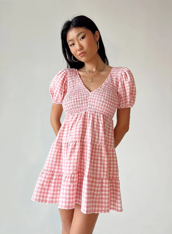 Women's Trendy Casual Outfit Mid - Week Surprise Luna Love Mini Dress Pink Gingham