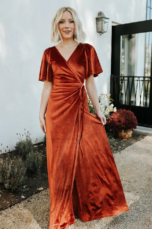 Women's Chic Outerwear Attire Charming Silhouette Meghan Velvet Wrap Maxi Dress | Rust