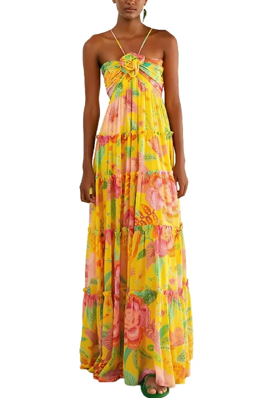 Women's Formal Event Outfit Mid - Season Sale Printed Flowy Halter Maxi Dress In Yellow