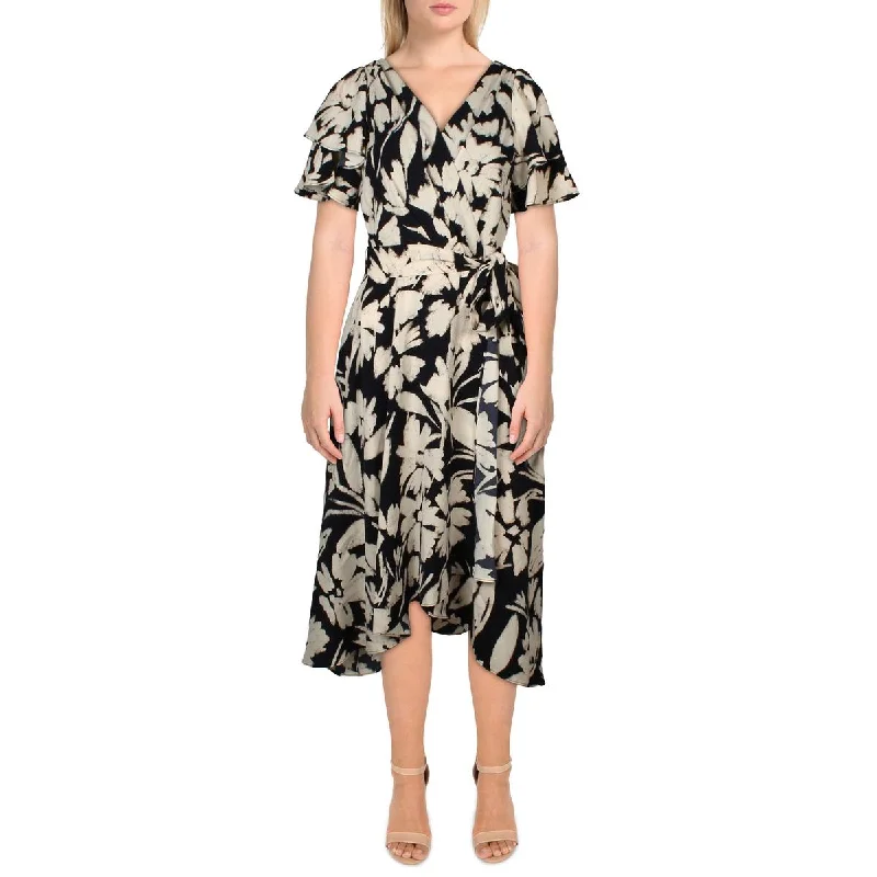 Stylish Women's Attire Playful Elegance Womens Floral Print Midi Wrap Dress