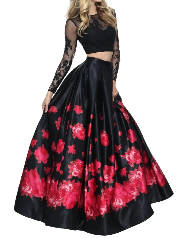 Women's Casual Clothing For Lounging Now on Sale for Chic Urban Styles Two-Piece Floral Prom Dress In Black/red Print