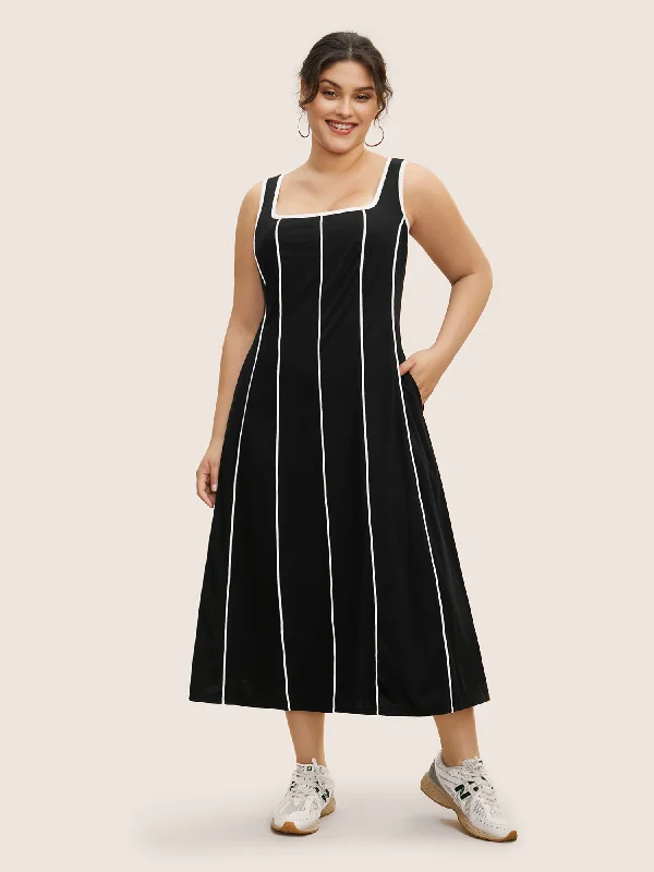 Women's Vintage-Inspired Clothing End - of - Month Blowout Square Neck Contrast Trim Midi Dress