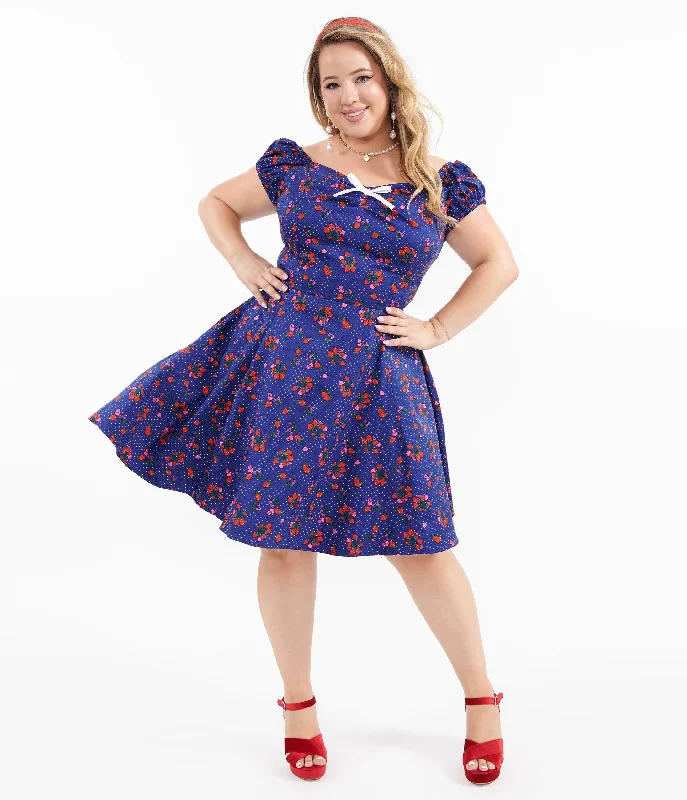 Women's Athleisure Apparel Chic Allure 1950s Collectif Plus Size Blue & Mixed Berries Print Dolores Mini Dress